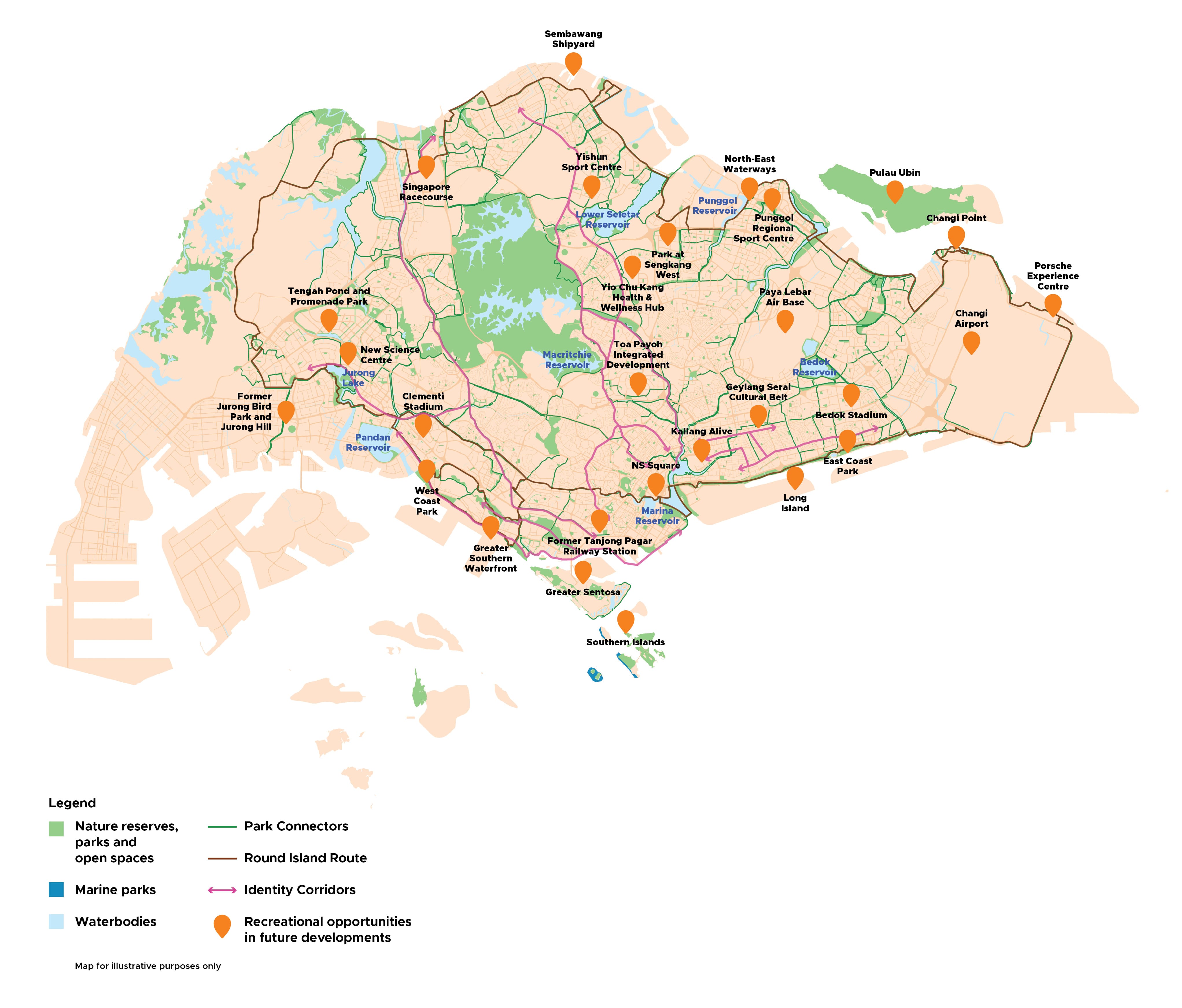 Map of Singapore showing nature reserves, parks, open spaces, marine parks, waterbodies, park connectors, and identity corridors.