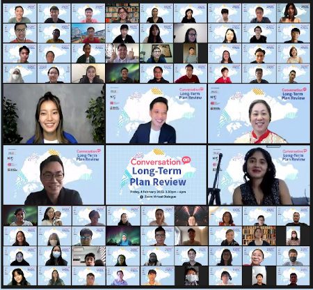 A large grid of people in a video conference titled "Conversation on Long-Term Plan Review".