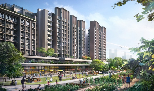 Apartment buildings overlooking a community garden and gathering space. People are walking, gardening, and relaxing in the green space.