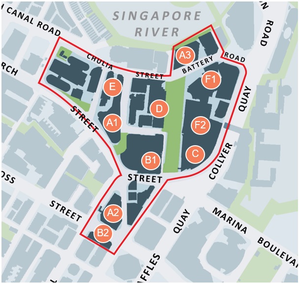 Map of Singapore River area, outlined in red, with lettered and numbered markers. Streets and landmarks labeled.