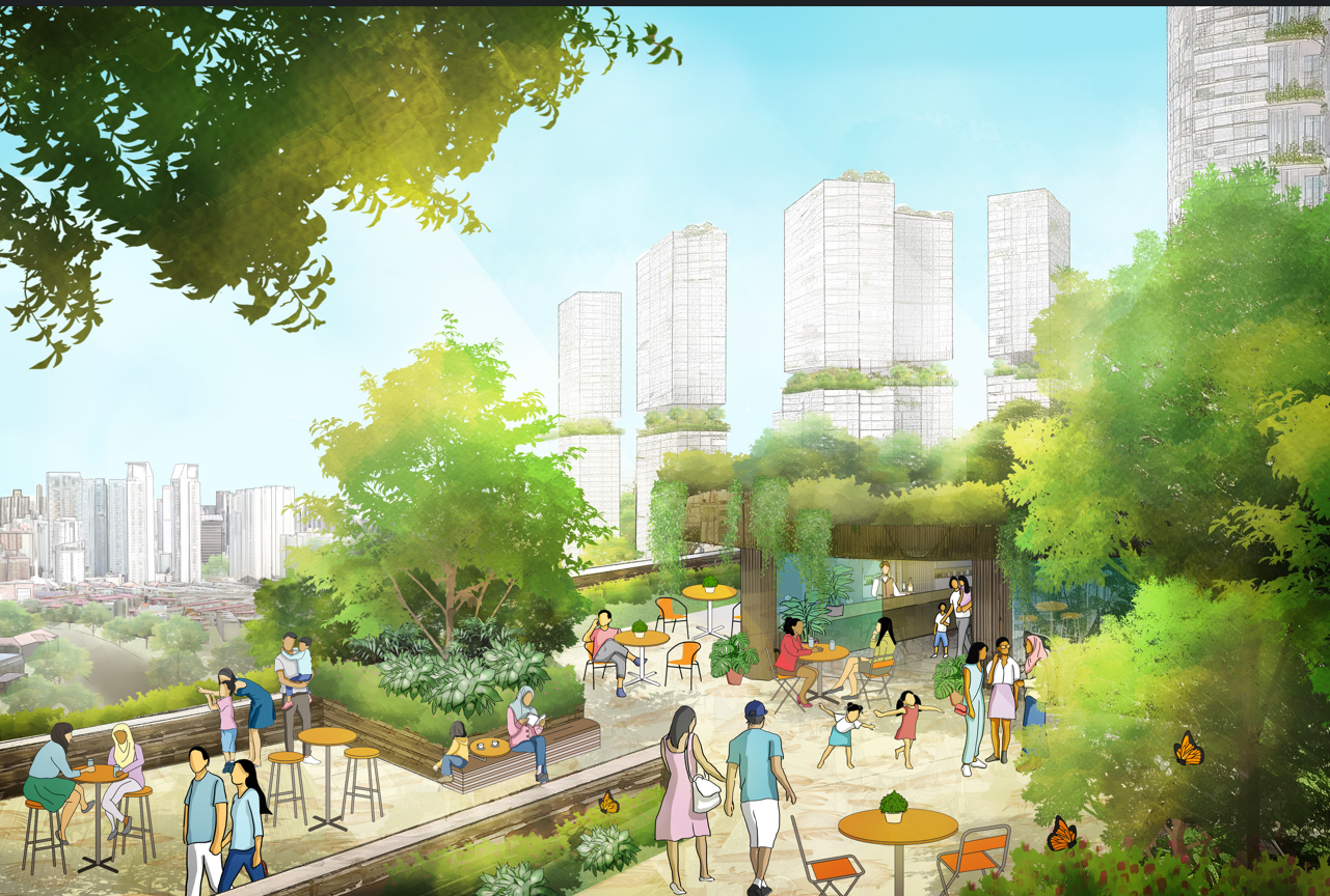 Rooftop garden rendering with people, tables, greenery, and city skyline in the background.