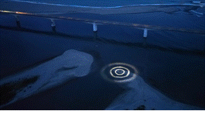 Glowing concentric circles light installation on water at night