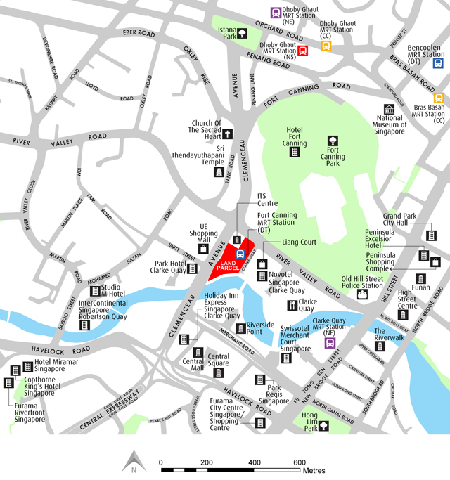 Map of the Clarke Quay area in Singapore, highlighting a specific land parcel in red. Roads, parks, hotels, and MRT stations are labeled.