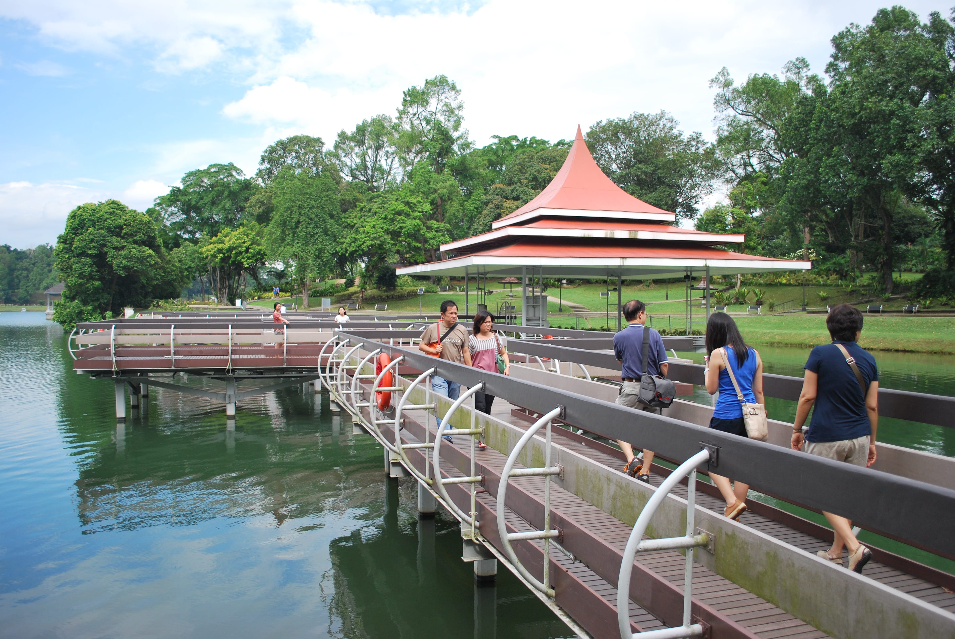 Visitors walking along the zig-zag bridge to the floating bandstand at MacRitchie Reservoir