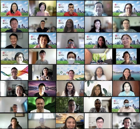 Screenshot of a large group of people in a video conference call.