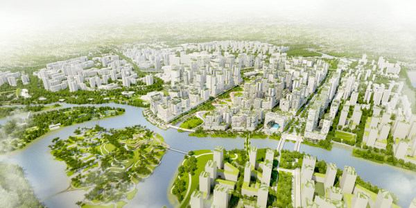 Aerial view of a dense, modern city with white buildings, green spaces, and a river running through it.