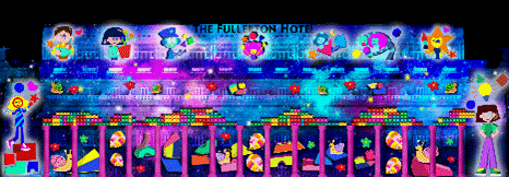 Colourful pixel art light projection of cartoon characters on Fullerton Hotel