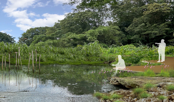 Pond surrounded by lush greenery, with two silhouetted figures on a wooden platform.