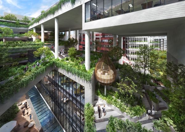 Architectural rendering of a multi-level building with lush greenery on each level, including hanging woven structures.