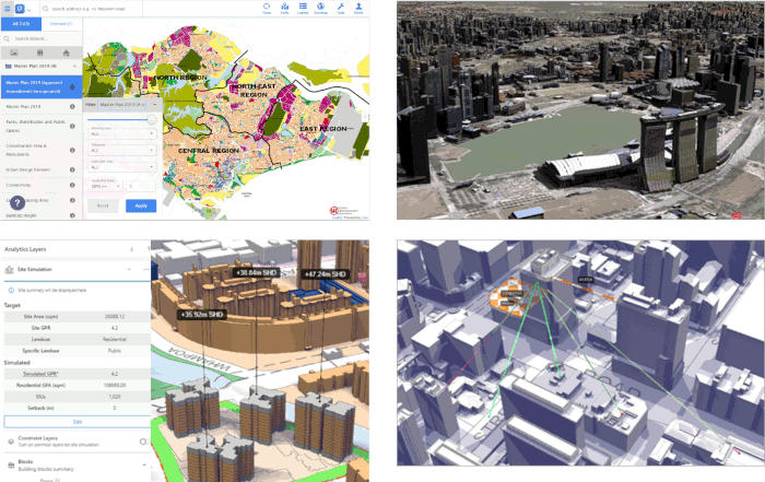 Singapore urban planning: map, 3D overview, building simulation, and site analysis.