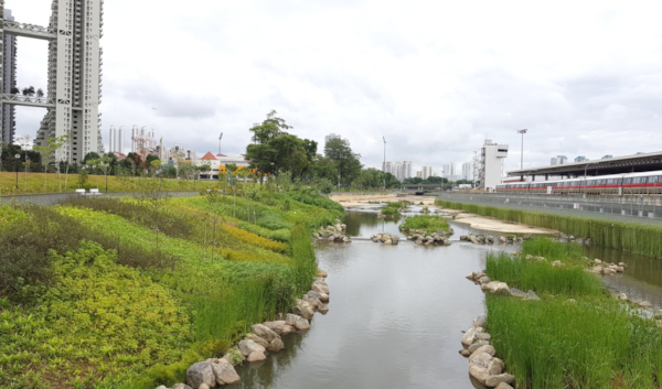 River with green banks, rocks, and a train station in the background. City buildings visible in the distance.