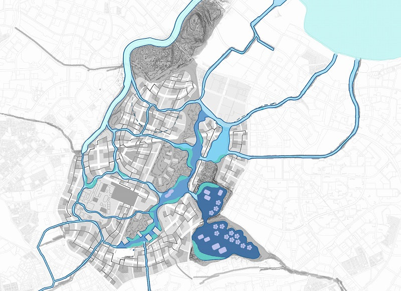 Architectural map of a city with bodies of water and park, showing buildings and infrastructure.
