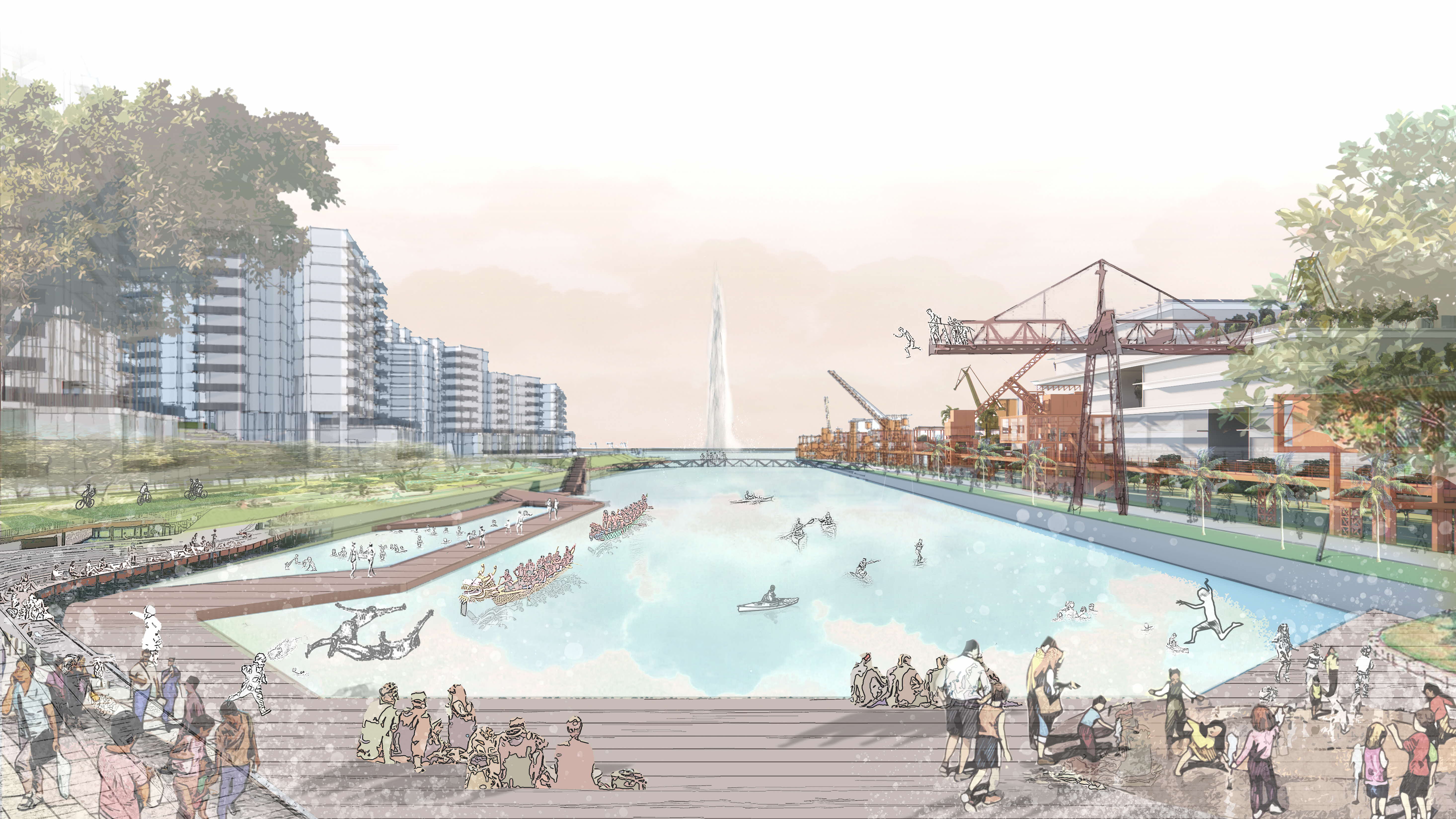 Conceptual sketch of vibrant boardwalk and water activities at the dock