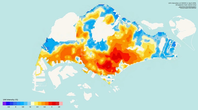 Map of Singapore showing Urban Heat Island (UHI) intensity in degrees Celsius, ranging from blue (cooler) to red (warmer).