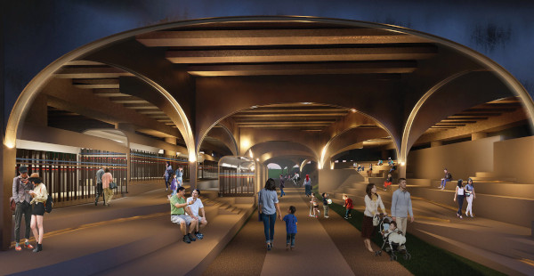 Rendering of an urban park beneath arched structures, people are walking and sitting.