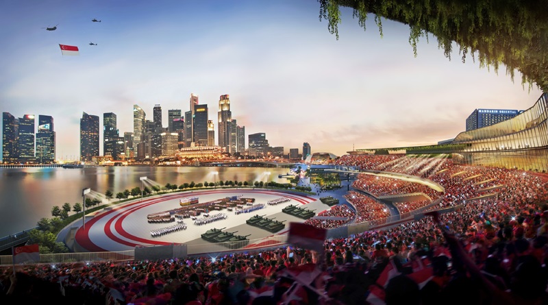 Singapore National Day Parade illustration. Parade grounds, tanks, marching soldiers, and Singapore skyline. Crowded stands.