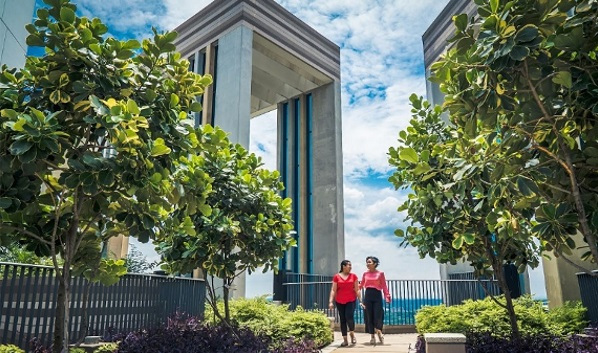 Two women walking on a rooftop garden with tall buildings and a blue sky in the background.