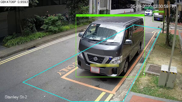 Street scene with a gray van parked in a "bus only" parking space, captured by a surveillance camera. The date stamp reads "25-09-2020."