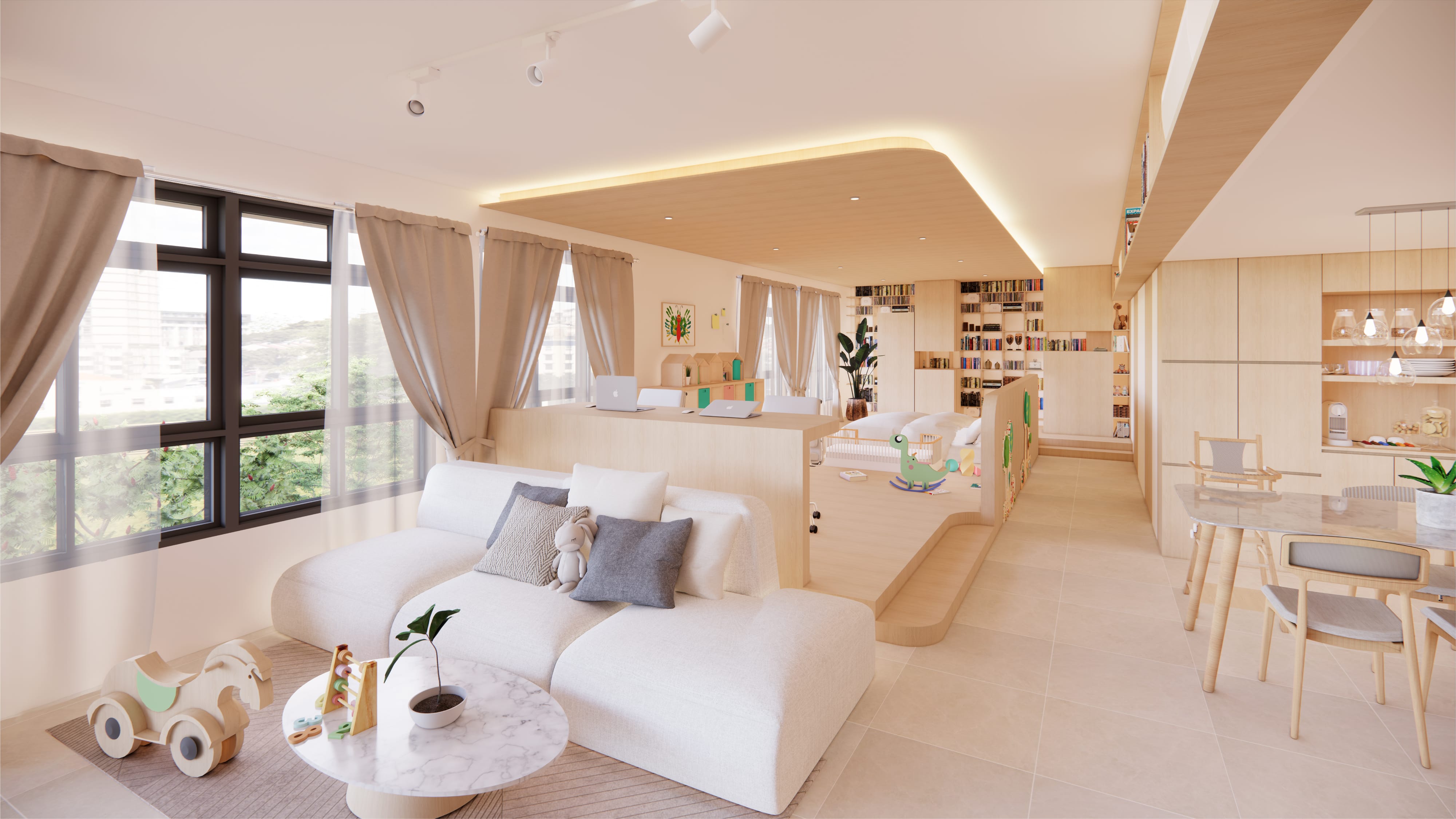 Interior design of a modern living space with children's play area, soft lighting, and a neutral color palette.