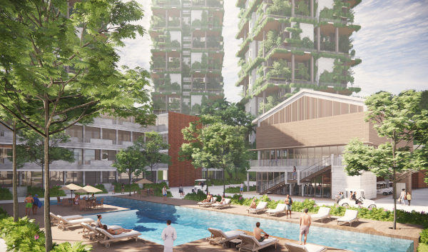 Modern apartment complex with lush greenery and a pool. People are lounging by the pool.