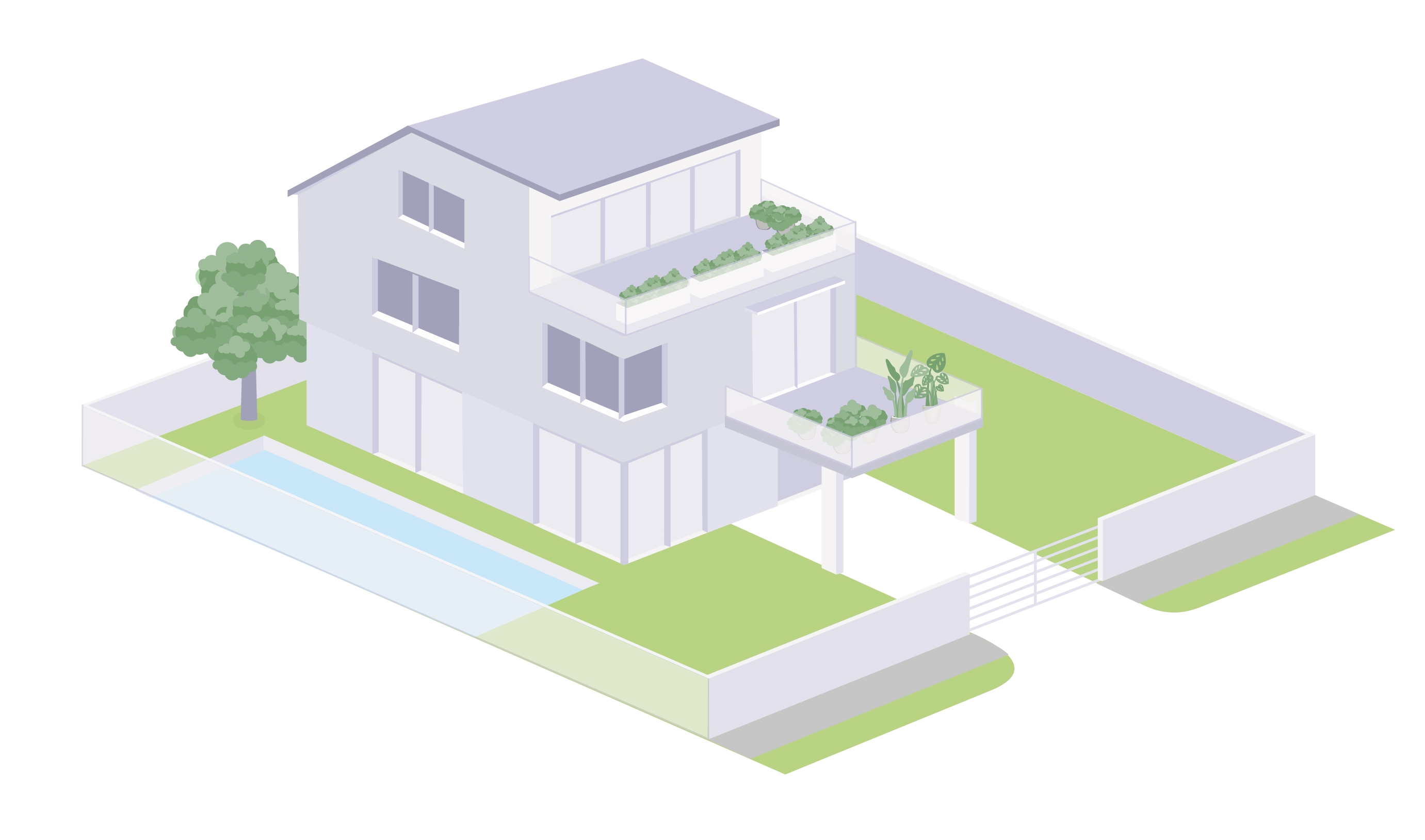 Isometric illustration of a modern two-story house with a pool and garden.