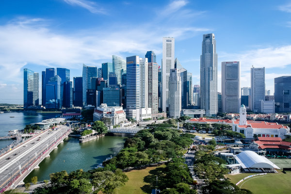 Singapore skyline with tall buildings, a bridge over water, and green spaces.