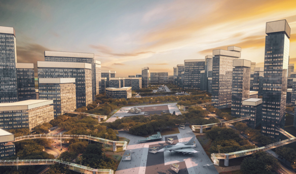 Cityscape with skyscrapers and aircraft displays. Pedestrian walkways connect buildings across a park-like area. Sunset sky in the background.