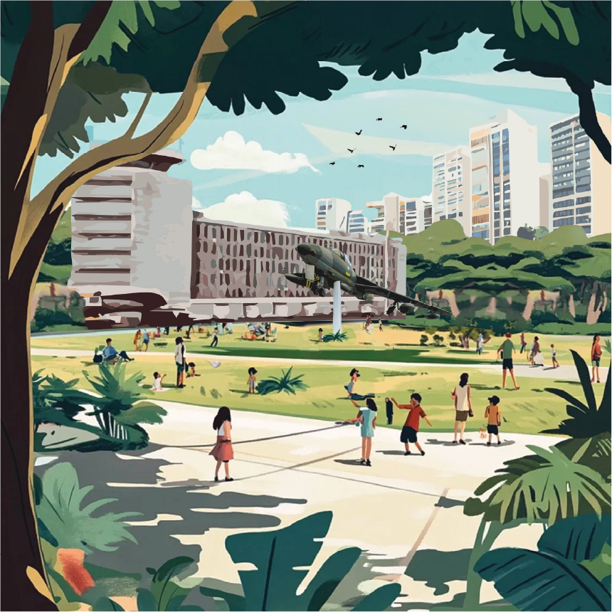 Artwork of a park scene with children playing on the lawn, a building, airplane, and skyscrapers in the background.