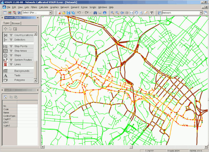 Screenshot of PTV Visum software showing a traffic simulation model with colored roads.
