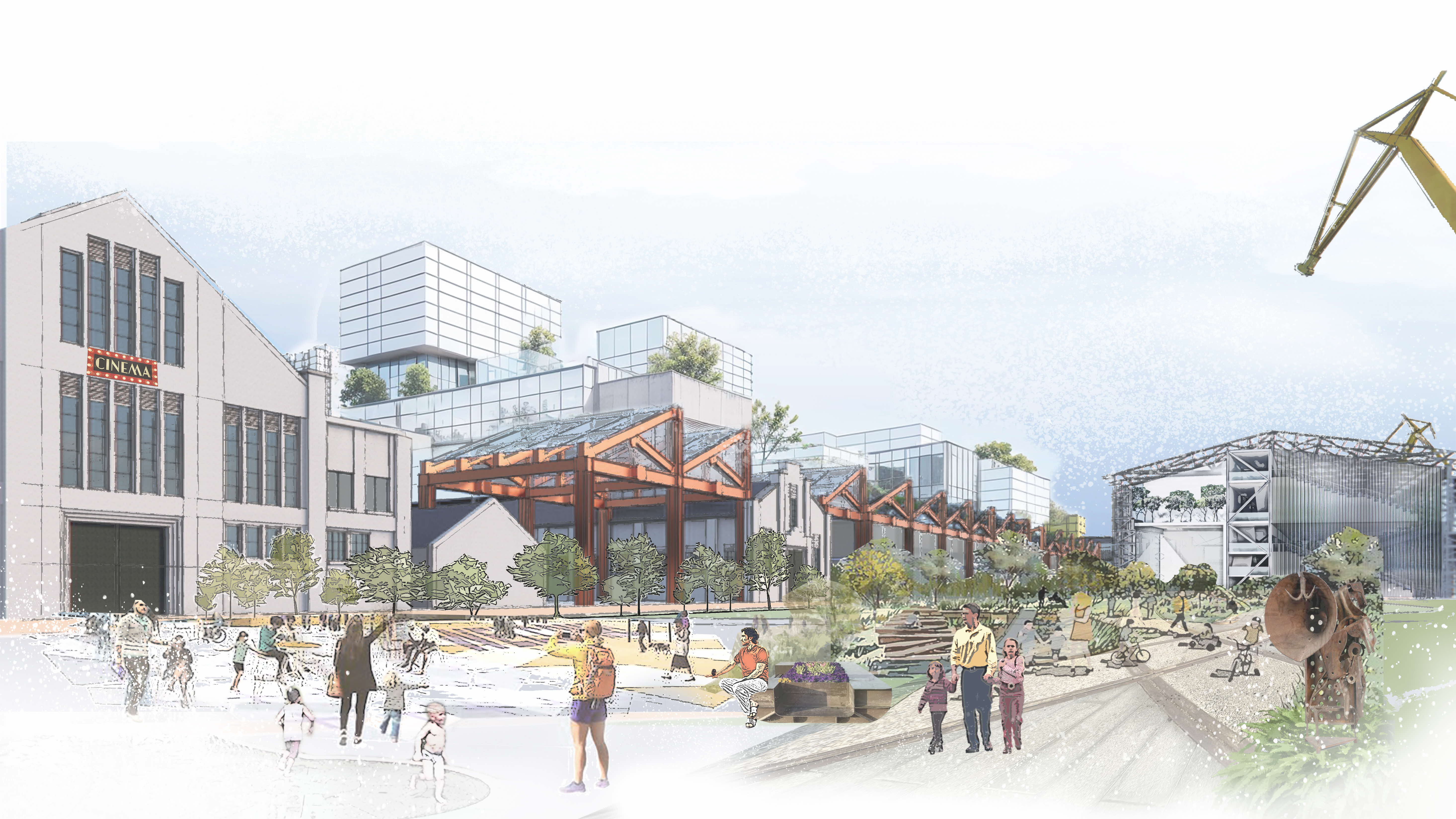 Architectural illustration of a mixed-use development with a cinema, modern buildings, public square and people.