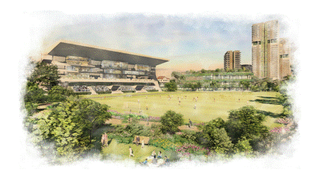 Artist's impression of a grandstand overlooking a green field with trees