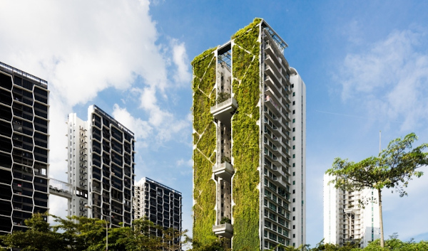 Apartment buildings in Singapore. One is covered with greenery.