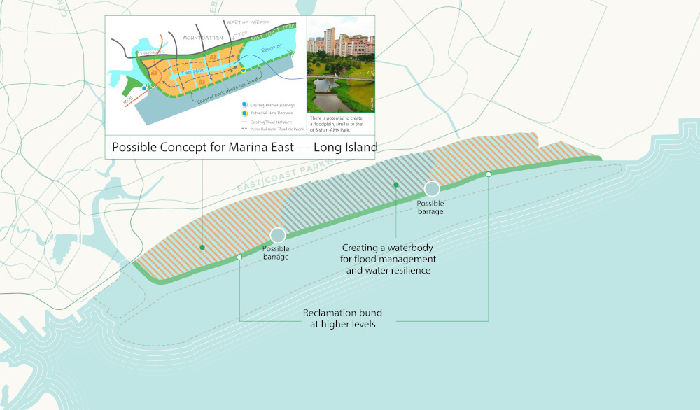 Map showing concept plan for Marina East - Long Island, with proposed barrages and waterbody for flood control. Includes inset detail.