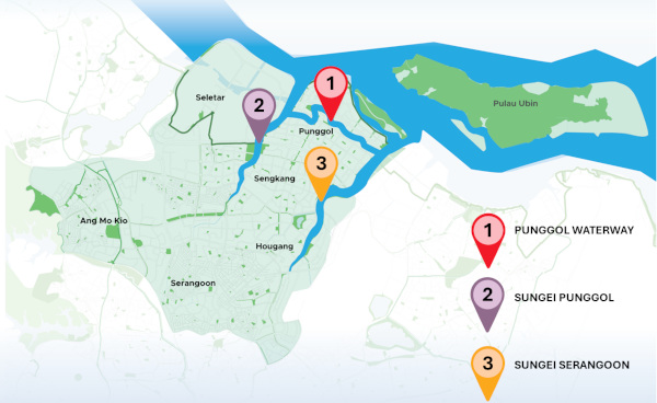 Map of Punggol, Singapore showing Punggol Waterway, Sungei Punggol, and Sungei Serangoon.