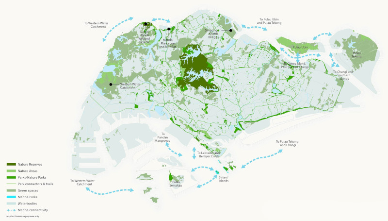 Map of Singapore showcasing nature reserves, parks, green spaces, water bodies, and marine connectivity.