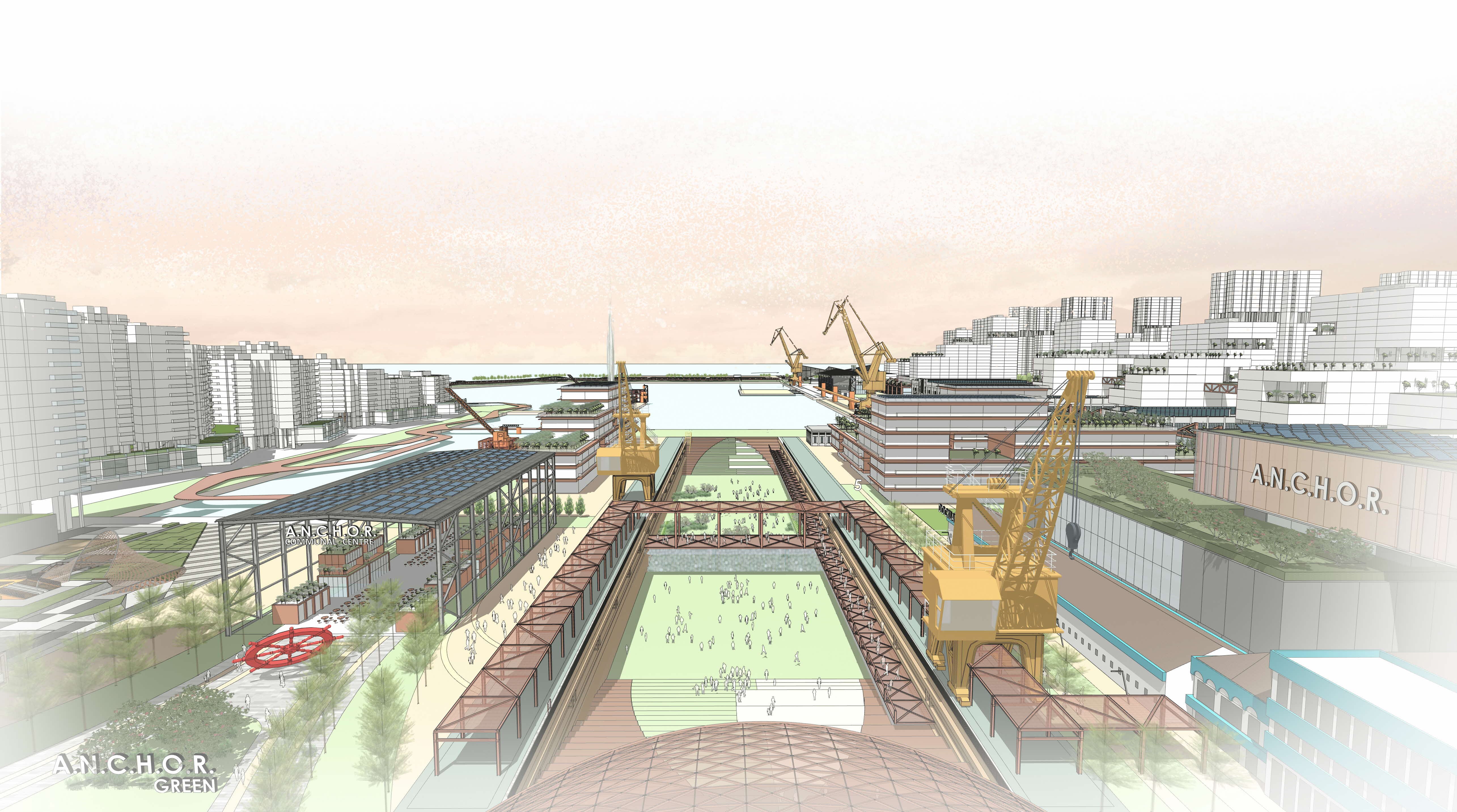 Architectural rendering of "Anchor Green" development, showing buildings, parkland, and waterfront cranes.