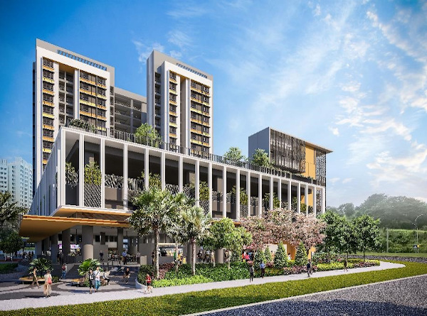 Architectural rendering of a modern mixed-use building with tall towers and a colonnaded lower section, surrounded by greenery and walkways.
