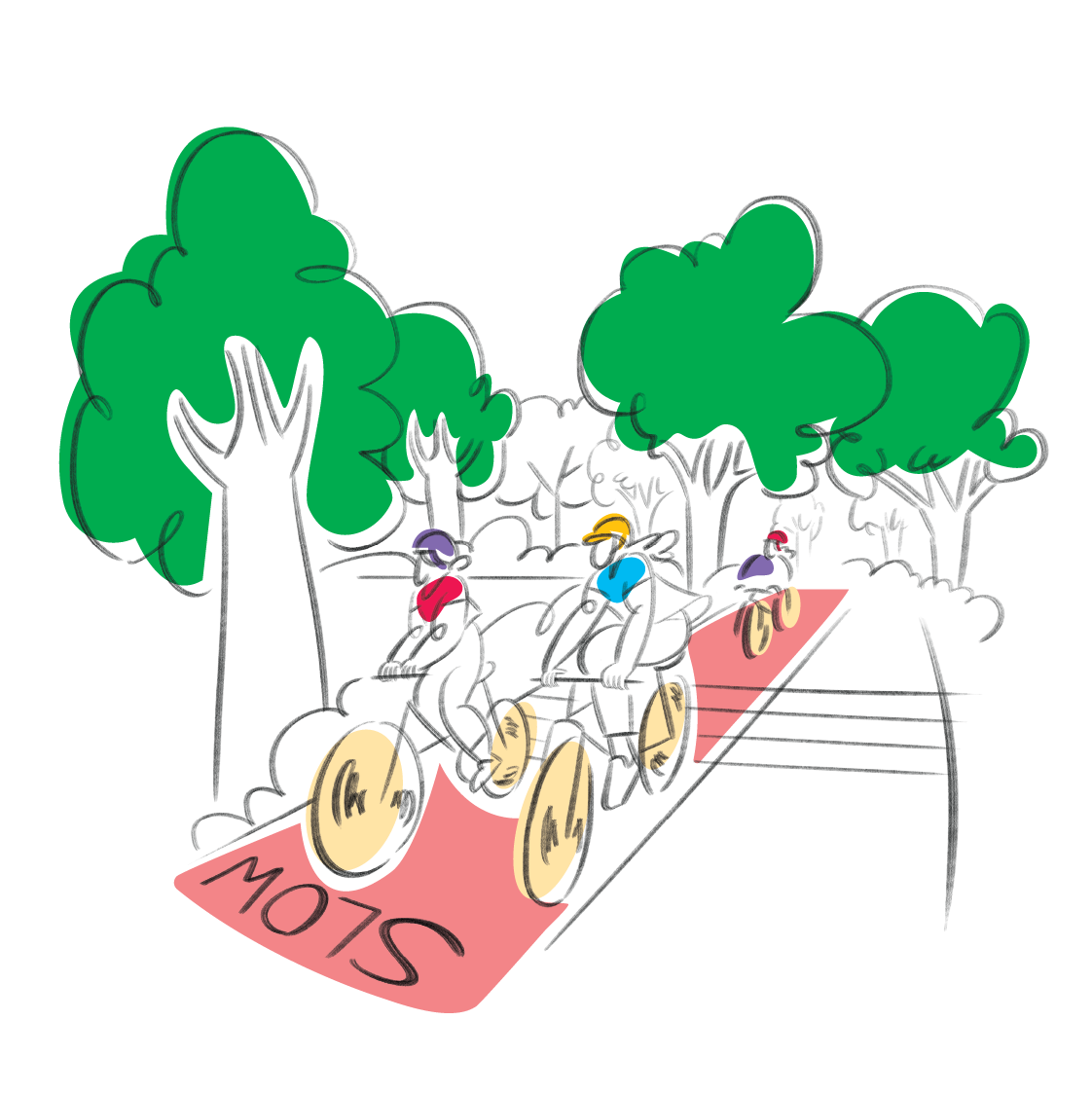 Cartoon of cyclists riding on a path in a park, with a "SLOW" sign.