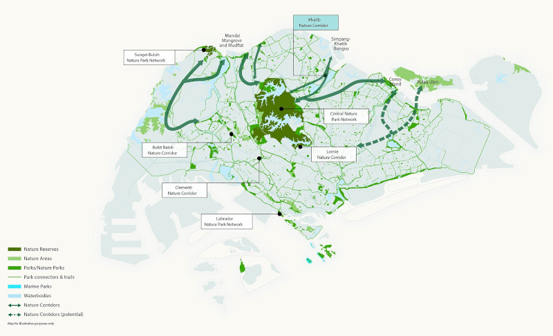 Map of Singapore highlighting nature reserves, parks, and corridors. Shows green spaces connected by park connectors and trails.