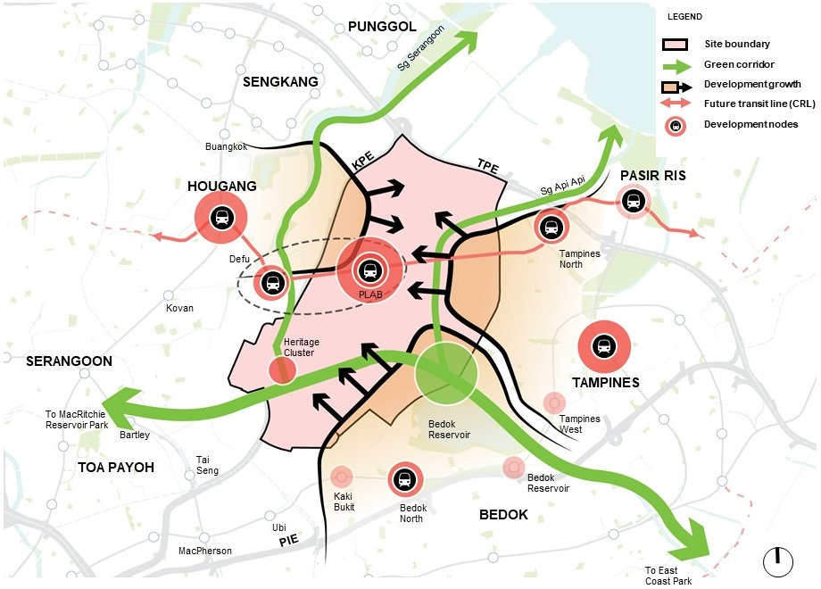Map of Punggol region, Singapore showing development growth, green corridors, transit lines, and development nodes. See legend for details.