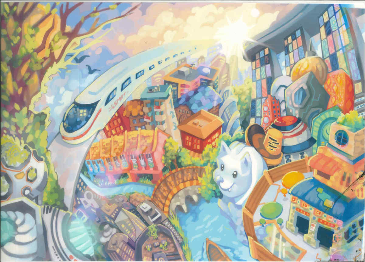 Vibrant, colorful painting of a futuristic city with a train and pony-like figure.