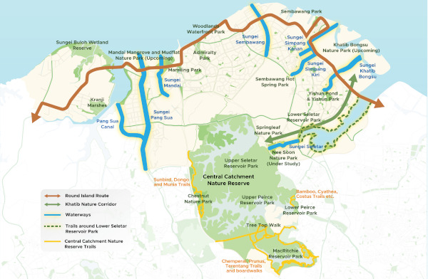 Map of northern Singapore showing Round Island Route, nature reserves, parks, waterways, and trails. Includes a legend.