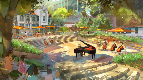 Illustration of an outdoor concert in a park. People are dining and watching musicians play piano, cellos, and guitar.
