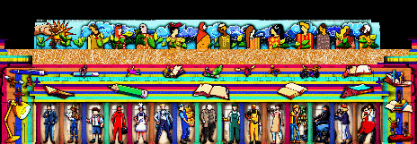 Pixel art light projection of diverse figures and books on a building facade