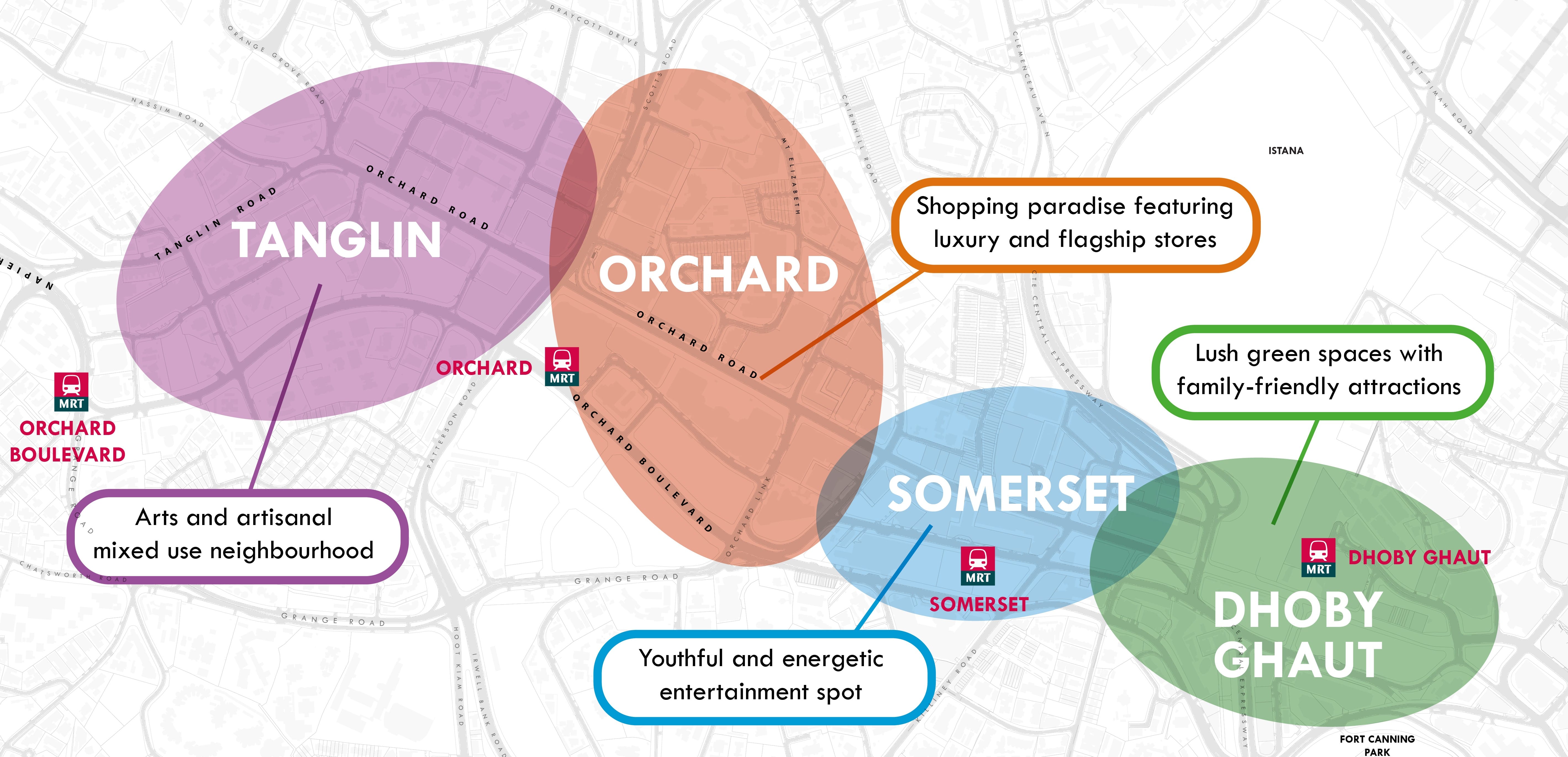 Map showing the four Orchard Road sub-precincts.
