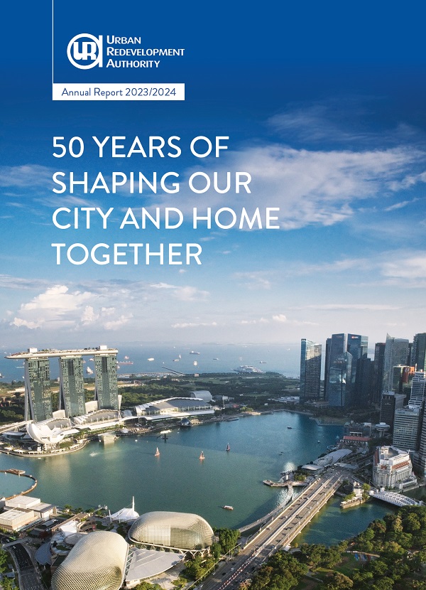 A scenic view of Marina Bay with the Urban Redevelopment Authority's Annual Report 2023/2024 cover showing the Marina Bay Sands and surrounding skyscrapers.
