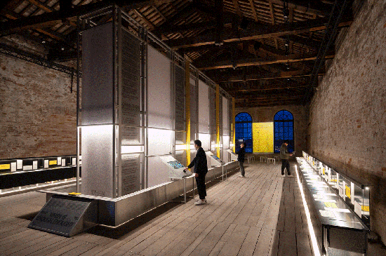 The centrepiece of the Singapore Pavilion is a Values Measurement Machine, a spectacular series of analogue plotting machines that mark data on 5-metre-tall, rotating calligraphic scrolls.