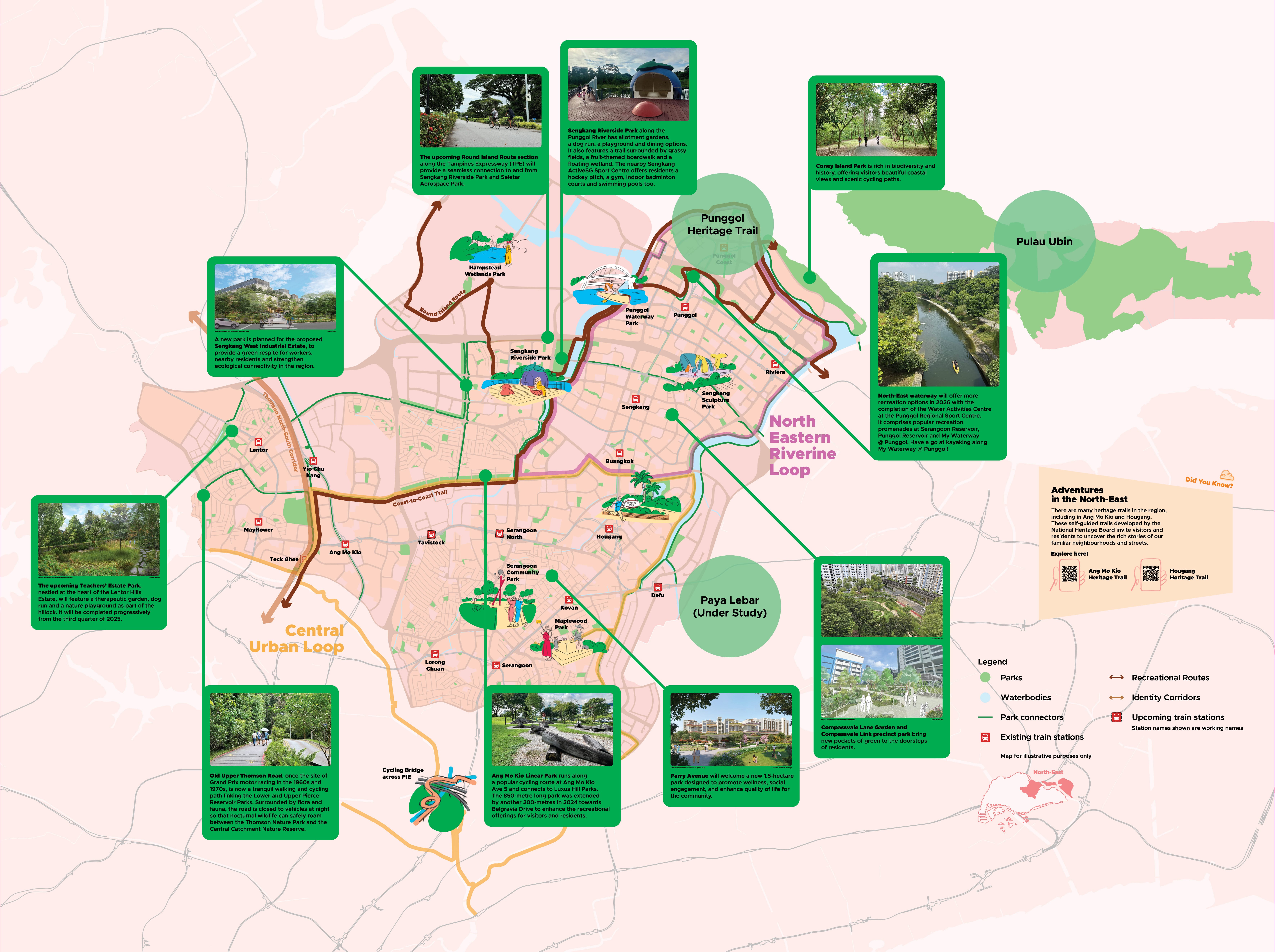 Map of northeastern Singapore highlighting parks, waterways, and recreational routes. Includes train stations and identity corridors.