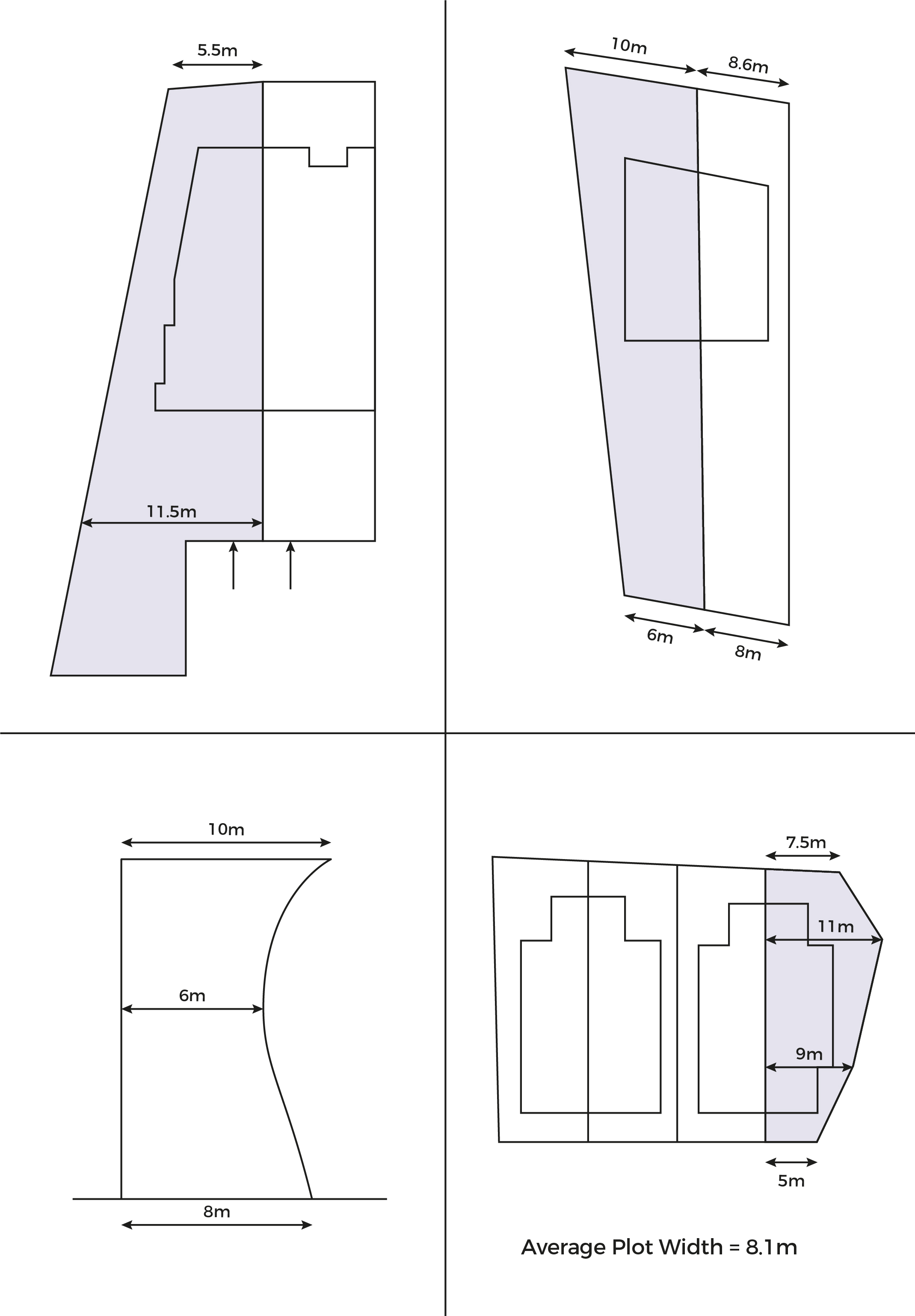 Blueprint depicting four irregular plot layouts with dimensions.