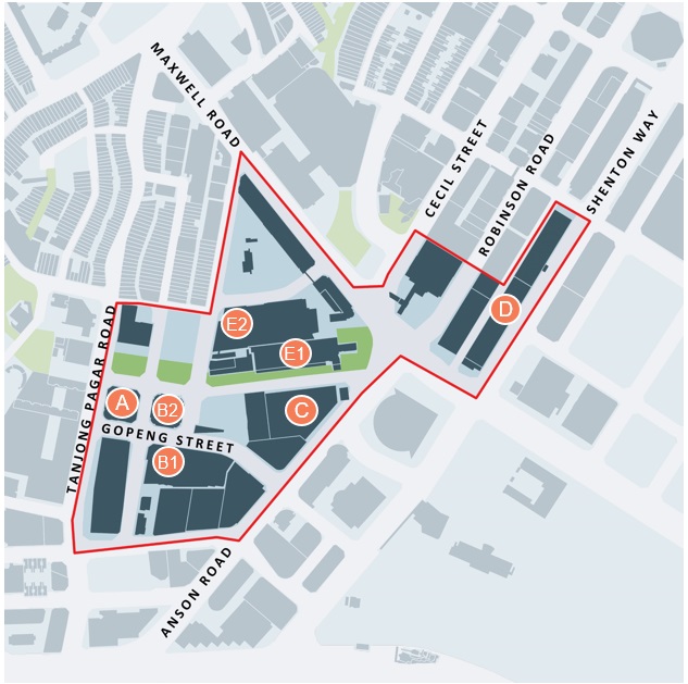 Map of buildings along Maxwell Road, Cecil Street, and Anson Road with highlighted locations.